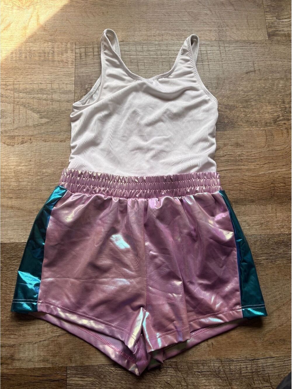 Weissman MC Dancewear Set - Pink and White Leotard with Shiny Pink Shorts